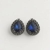 Zinc Alloy Rhinestone Stud Earring, with Crystal, Teardrop, gun black plated, for woman & with rhinestone, blue 