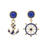 Zinc Alloy Asymmetric Earrings, Anchor and Ship Wheel, gold color plated, for woman & enamel, blue  