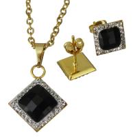 Bijoux strass en acier inoxydable Set, Boucle d’oreille stud & collier, avec argile, Placage de couleur d'or, chaîne ovale & pour femme 2mm Environ 19.5 pouce, Vendu par fixé