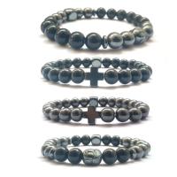 Gemstone Bracelets, Black Agate, with Hematite, plated, Unisex 