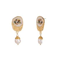 Enamel Zinc Alloy Drop Earring, with Freshwater Pearl, gold color plated, for woman 