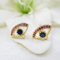 Brass Earring Stud Component, with Cubic Zirconia, real gold plated, DIY & with loop, 12*8.8mm 