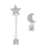 925 Sterling Silver Asymmetric Earrings, Moon and Star, micro pave cubic zirconia & for woman, silver color, 6mm,5mm,4mm,10mm 