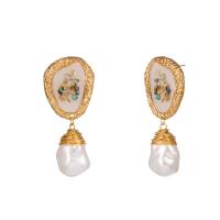 Enamel Zinc Alloy Drop Earring, with Freshwater Pearl, gold color plated, for woman 