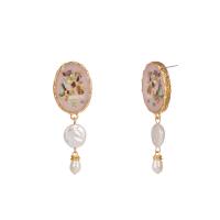 Enamel Zinc Alloy Drop Earring, with Freshwater Pearl, gold color plated, for woman 