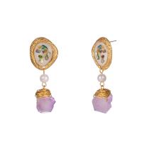 alliage de zinc Boucle d'oreille goutte, avec Pierre naturelle & Plastique ABS perle & coquille, Placage de couleur d'or, pour femme & émail, violet Vendu par paire