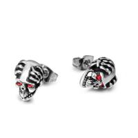 Titanium Steel Stud Earring, Skull, fashion jewelry & for man & with rhinestone, 11.8mmx9.2mm 