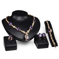 Rhinestone en alliage de zinc bijoux , Bague Mandrel & Bracelet & boucle d'oreille & collier, Placage de couleur d'or, 4 pièces & pour femme & avec strass, violet Environ 19 pouce, Vendu par fixé