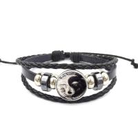 aleación de zinc Pulsera, con cordón de cuero & Vidrio, chapado, joyas joya tiempo & unisexo, Negro, longitud:7.5 Inch, 2Strandsfilamento/Grupo, Vendido por Grupo