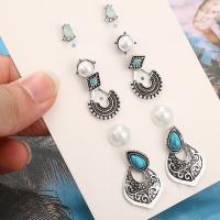 Zinc Alloy Stud Earring Set, with turquoise & Plastic Pearl, plated, 5 pieces & for woman & with rhinestone, silver color 