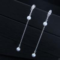 Brass Split Earring, with Cubic Zirconia & Plastic Pearl, stainless steel post pin, plated, for woman, silver color, 66*5mm 