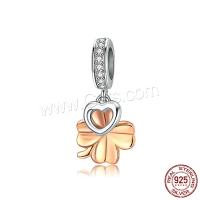 Colgante de plata de rey de Europeo, Plata de ley 925, Trébol de cuatro hojas, chapado en color rosa dorada, micro arcilla de zirconia cúbica & para mujer, 11x21mm, Vendido por UD