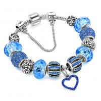 Europeo pulseras de cristal mixto, aleación de zinc, con Cristal, Corazón, chapado en color de plata, diverso tamaño para la opción & para mujer & con diamantes de imitación, azul, Vendido por UD