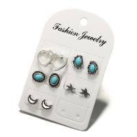 aleación de zinc Stud aretes, Pendiente de stud, con turquesa, acero inoxidable aguja de pendiente, chapado, 5 piezas & para mujer, plateado, Vendido por Set