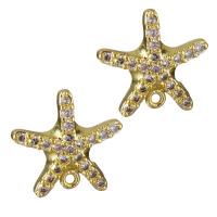 Brass Earring Stud Component, Starfish, gold color plated, with loop & micro pave cubic zirconia 0.85mm Approx 1mm 