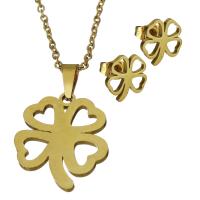 Fashion Stainless Steel Jewelry Sets, Stud Earring & necklace, Four Leaf Clover, gold color plated, oval chain & for woman 1.5mm Approx 18 Inch 