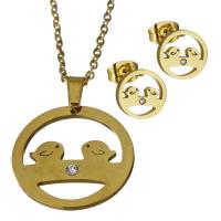 Bijoux strass en acier inoxydable Set, Boucle d’oreille stud & collier, Placage de couleur d'or, chaîne ovale & pour femme & avec strass 1.5mm Environ 17.5 pouce, Vendu par fixé