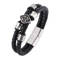 Stainless Steel Chain Bracelets, with Split Layer Cowhide Leather, Double Layer & Unisex black, 6mmx2 