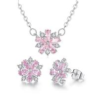 Zirkonia Micro Pave Schmucksets Messing, Ohrring & Halskette, mit Verlängerungskettchen von 5cm, Blume, silberfarben plattiert, Oval-Kette & Micro pave Zirkonia & für Frau, Rosa, 11x11mm,12x12mm, Länge:ca. 17.72 ZollInch, verkauft von setzen