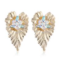 Zinc Alloy Rhinestone Stud Earring, Leaf, plated, for woman & with rhinestone 