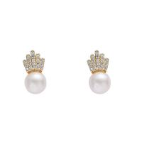 Zinc Alloy Rhinestone Stud Earring, with Freshwater Pearl, gold color plated, for woman & with rhinestone, white 