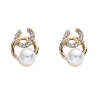 Zinc Alloy Rhinestone Stud Earring, with ABS Plastic Pearl, gold color plated, for woman & with rhinestone, white 