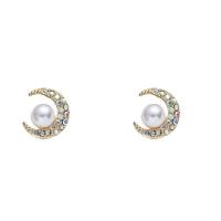 Zinc Alloy Rhinestone Stud Earring, with ABS Plastic Pearl, gold color plated, for woman & with rhinestone, white 