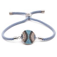 Brass Bracelet, with Cubic Zirconia & Cotton Cord, plated, adjustable & for woman, blue .5 Inch 