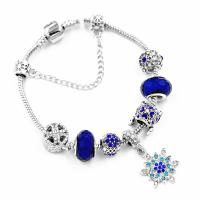 Europeo pulseras de cristal mixto, aleación de zinc, con Cristal de murano, chapado en color de plata, para mujer & con diamantes de imitación, azul, 200mm, Vendido por Sarta