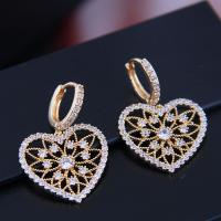 Brass Huggie Hoop Drop Earring, Heart, plated, micro pave cubic zirconia & for woman, golden, 30*20mm 