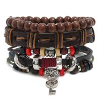 Kunstleder Armband-Set, mit Gewachsten Baumwollkordel & Hanfgarn & Holz & Verkupferter Kunststoff, Einstellbar & drei Stücke & unisex, gemischte Farben, 180mm, 3SträngeStrang/setzen, verkauft von setzen