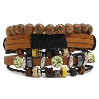 Faux cuir Set de bracelet, avec Chanvre & bois & plastique revêtu de cuivre & alliage de zinc, Placage, Réglable & trois pièces & unisexe, couleurs mélangées, 180mm é, Vendu par fixé