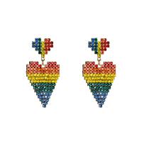 metal Pendientes con Colgantes, plata esterlina aguja de pendiente, Corazón, chapado en oro real, sin earnut & para mujer & con diamantes de imitación, multicolor, 47x24mm, Vendido por Par