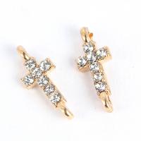 Rhinestone Zinc Alloy Connector, Cross, plated, with rhinestone & 1/1 loop, gold, 14*5mm 