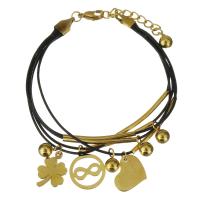 Edelstahl Charm Armband, mit PU Leder, mit Verlängerungskettchen von 1.5Inch, goldfarben plattiert, Armband  Bettelarmband & für Frau & Multi-Strang, 14.5x16.5mm,12x17mm,1mm, Länge:ca. 7.5 ZollInch, verkauft von Strang