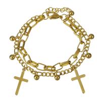 Edelstahl Charm Armband, mit Verlängerungskettchen von 1Inch, Kreuz, goldfarben plattiert, Armband  Bettelarmband & für Frau & Multi-Strang, 12.5x24mm,5x9mm,4mm,6mm, Länge:ca. 7 ZollInch, verkauft von Strang