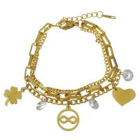 Edelstahl Charm Armband, mit Kristall, mit Verlängerungskettchen von 1.5Inch, goldfarben plattiert, Armband  Bettelarmband & für Frau & Multi-Strang, 12x17mm,14.5x17mm,4mm,5.3mm, Länge:ca. 7 ZollInch, verkauft von Strang