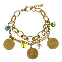 Edelstahl Charm Armband, mit Kristall, mit Verlängerungskettchen von 1Inch, goldfarben plattiert, Armband  Bettelarmband & für Frau, 16.5x18.5mm,8x11mm,4mm,8.5mm, Länge:ca. 7 ZollInch, verkauft von Strang