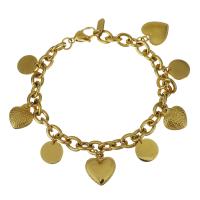 Edelstahl Charm Armband, goldfarben plattiert, Armband  Bettelarmband & Oval-Kette & für Frau, 14x16.5mm,11x11mm,7mm, Länge:ca. 8 ZollInch, verkauft von Strang