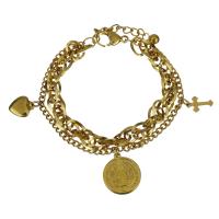 Edelstahl Charm Armband, mit Verlängerungskettchen von 1.5Inch, goldfarben plattiert, Armband  Bettelarmband & für Frau & 2 strängig, 16.5x18.5mm,7.5x12mm,3mm,7.5mm, Länge:ca. 7 ZollInch, verkauft von Strang