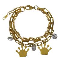 Edelstahl Charm Armband, mit Kristall, mit Verlängerungskettchen von 1Inch, goldfarben plattiert, Armband  Bettelarmband & für Frau & Multi-Strang, 18.5x18.5mm,8x8mm,4mm,5.5mm,3mm, Länge:ca. 7 ZollInch, verkauft von Strang