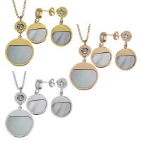 Bijoux strass en acier inoxydable Set, boucle d'oreille & collier, avec coquille blanche, avec 2Inch chaînes de rallonge, Placage, chaîne ovale & pour femme & avec strass, plus de couleurs à choisir, 37mm 1.5mm,29mm Environ 17 pouce, Vendu par fixé