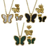 Fashion Stainless Steel Jewelry Sets, Stud Earring & necklace, with White Shell & Resin, with 2Inch extender chain, Butterfly, gold color plated & oval chain & for woman 1.5mm Approx 18 Inch 