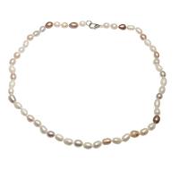 Collar de cadena del suéter de la perla de agua dulce, Perlas cultivadas de agua dulce, latón cierre de langosta, Arroz, chapado en color de plata, para mujer, color mixto, 6-7mm, longitud:aproximado 37 Inch, Vendido por Sarta