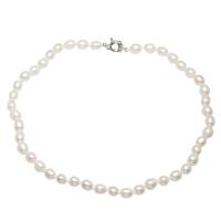 Collar de cadena del suéter de la perla de agua dulce, Perlas cultivadas de agua dulce, latón cierre de anillo de primavera, Arroz, chapado en color de plata, para mujer, Blanco, 8-9mm, longitud:aproximado 35.4 Inch, Vendido por Sarta