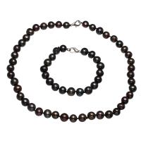 Conjunto de joya de perla de agua dulce de latón, Perlas cultivadas de agua dulce, pulsera & collar, latón cierre de langosta, chapado en color de plata, 2 piezas & para mujer, Negro, 9-10mm, longitud:aproximado 34.2 Inch, aproximado 7.5 Inch, Vendido por Set