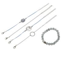 aleación de zinc Pulsera, con Piedras preciosas & cordón de algodón, con 1.96lnch extender cadena, chapado en color de plata, 5 piezas & para mujer, longitud:aproximado 5.5 Inch, aproximado  6.2 Inch, Vendido por Set