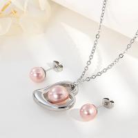 Fashion Stainless Steel Jewelry Sets, Stud Earring & necklace, with Plastic Pearl, plated, 2 pieces & for woman 8mm .7 Inch 