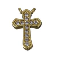 Messing Kreuz Anhänger, goldfarben plattiert, Micro pave Zirkonia & Doppelloch, 8x12.5x2mm, Bohrung:ca. 1mm, verkauft von PC