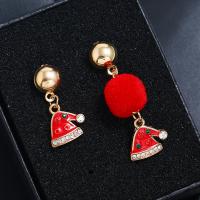 aleación de zinc Pendientes asimétricos, con felpa, chapado, Joyas de Navidad & para mujer & esmalte & con diamantes de imitación, Rojo, 2parespareja/Grupo, Vendido por Grupo